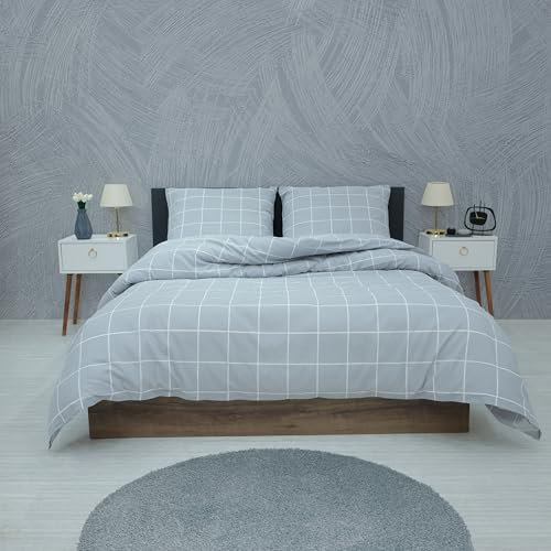 Vency Bettwäsche 155x220 2-Teilig Grau - Oeko-TEX 80% Baumwolle & 20% Polyester, 1x Bettbezug Reißverschluss + 1x Kissenbezug 80x80 Umschlagverschluss, Gridline Modell