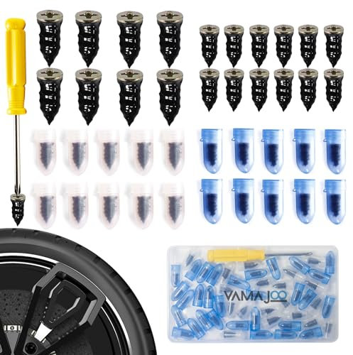 Kit Repara Pinchazos Coche 50Pcs - Kit Antipinchazos Coche + Destornillador - Reparador Pinchazos Coche - Kit Repara Pinchazos Moto - Clavo de Goma para Neumáticos(25S)+(25L)