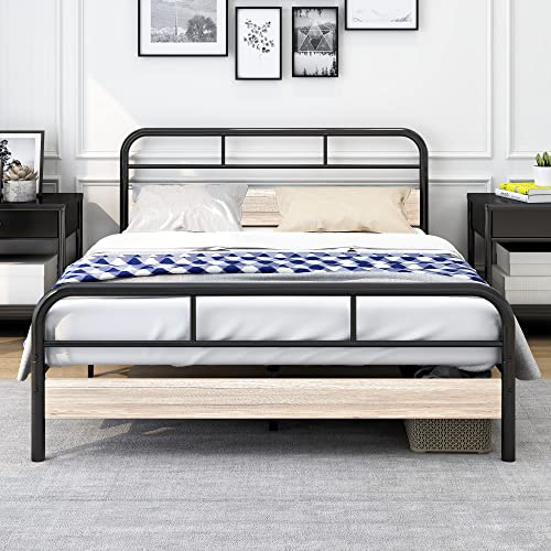 Diahomy King Bed Frame with Wooden Headboard,Metal Platform Bed Frames/No Box Spring Needed/Reinforced Steel Slat Mattress Foundation/Black+ OAK/210X153cm