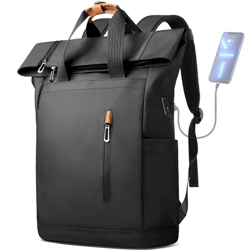 hk Rolltop Rucksack Damen Herren, Wasserdicht 28L Groß für 15, 6 Zoll Laptop, Diebstahlsicher Handgepäck Tagesrucksack mit USB-Anschluss Backpack für Uni Reise Arbeit Radfahren, Schwarz