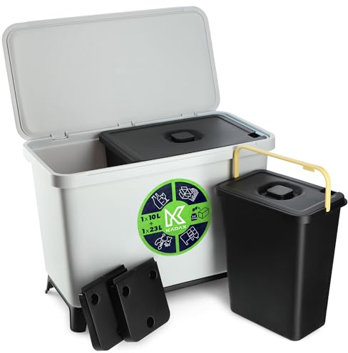 KADAX Abfallbehälter mit Klappdeckel, Rechteckiger Abfalleimer aus Kunststoff, Mülleimer mit Tragegriff, Abfallsammler für Mülltrennung, Müllkorb (Grau 10L+23L)