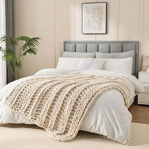 Esterra Chunky Knit Blanket Throw, 100% Handmade Chenille Throw Blanket 40x50, Soft Thick Yarn Cable Knit Crochet Throw Blanket Rope Knot Throw for Couch Bed Sofa, Apricot White