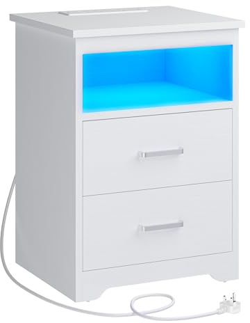 KIMENICH Bedside Table with LED Lighting, Bedside Cabinet with Charging Station, Nightstand, USB Ports, 2 Drawers, for Bedroom, Living Room, White