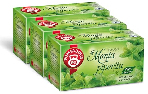 Pompadour, Infuso Menta Piperita, 60 Filtri (3 Confezioni da 20 Filtri), Digestivo e Fresco, Certificato RFA, 100% Naturale, Senza Lattosio, Glutine e Allergeni, Vegan