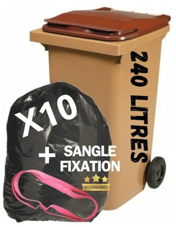 Lot de 10 Sacs Poubelle 240L [ Doublures de Container 2 Roues + Sangle de Fixation | Anti Salissures - Anti Odeur | Résistant - Anti Fuites | Fabriqué en Europe (240 LITRES)