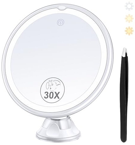Espejo de aumento con luz 30X, espejo de maquillaje iluminado 30X para maquillaje de precisión, 3 modos de color y brillo ajustable, espejos de aumento giratorios de 360°, ventosa para baño de 8