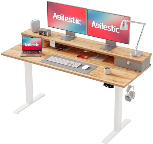 Agilestic Höhenverstellbarer Schreibtisch mit 2 Schubladen, 140 x 60 cm Stabiler Schreibtisch Höhenverstellbar Elektrisch, Ergonomischer Steh-Sitz Tisch Computertisch, Hellbraun