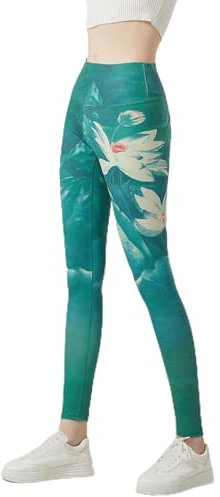 X-KEEP Damen Leggings mit high Waist, Sportleggings mit Blumen Design Yoga Hose Blickdicht Bunte Leggings für Yoga Gym (S/M, Green)