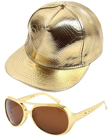HAICN Hip-Hop-Kostüm-Outfit, Baseball-Goldkappe, Sonnenbrille, Rapper-Kostüm, Zubehör für Damen und Herren, Hippie-Partyzubehör, 2 Stück