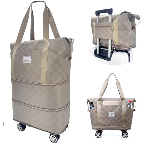 Reisetasche mit Rollen, Faltbare Reisetasche mit großer Kapazität, Erweiterbar Handgepäck mit Abnehmbar Rollen Damen Weekender Tasche Travel Handgepäck mit Nassfach für Sport Fitness Reisen (Khaki)