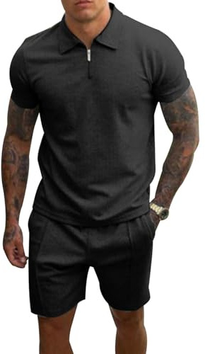 PRIVIMIX Herren Trainingsanzug Sommer Sportanzug 2 Teiliges Kurzarm T-Shirts Polo Jogginganzug Hemd Set Kurze Business Hose Freizeitanzug