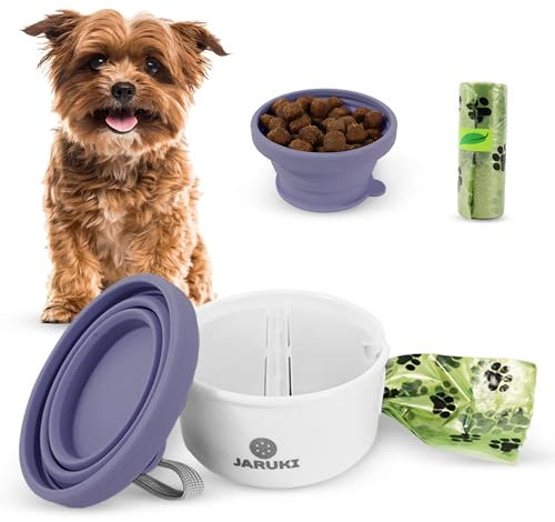 JARUKI® Comedero y Bebedero Perro Portátil + Rollo Bolsas| Bebedero Plegable Perro 2 Compartimentos con Tapa Extensible | Ahorra Espacio en Viajes y Paseos | Silicona Fácil de Lavar (Morado)