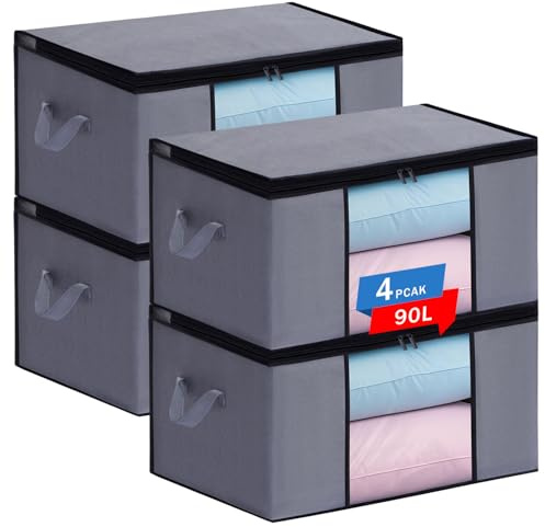 Boic 4 Stück 90L Aufbewahrungstasche, Faltbare Aufbewahrungsbox Mit Deckel | Aufbewahrungstasche Für Bettdecken Faltbare Aufbewahrungsbox Kleidung Für Kleider Kleidung Bettdecken Bettzeug (Grau)