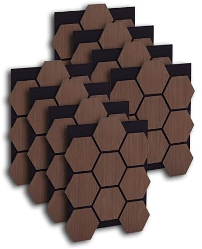 Homestyle4u Akustikpaneele Holz 76x62 cm 8 Stück Hexagon Akustikplatten Braun Schallschutz Wandpaneele Schalldämmung