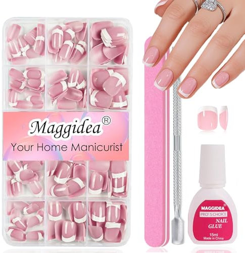French False Nails - 240Pcs Short Square Press On Nails with White French Tips - 15 Sizes Full Cover Fake Stick on Nails Kit Includes Glue & File - Manicure Gift for Women Girls