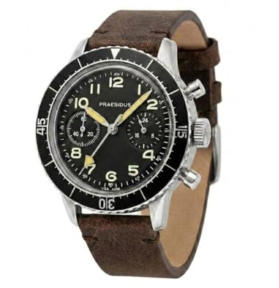 PRAESIDUS Typ H-75 – Uhren für Herren, Herren-Armbanduhren – Chronograph-Uhren für Herren, Militär-Uhren für Herren – Gehäuse 38 mm – schwarzes Zifferblatt, schwarz/braun/graues Canvas/Lederarmband |