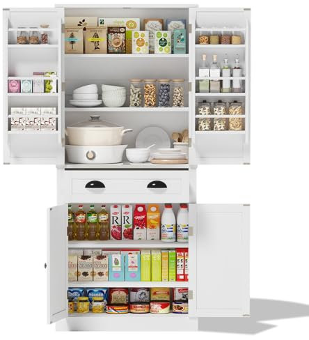 KecDuey Armario de almacenamiento de 182 cm, armarios altos, 4 puertas y 1 cajón, 2 puertas con estantes, 6 compartimentos de almacenamiento y 4 estantes ajustables, para cocina, comedor y salón