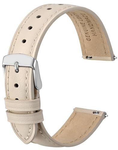Anbeer 18mm cinturino piatto e sottile in vera pelle,cinturino di ricambio a sgancio rapido,beige con fibbia argentata