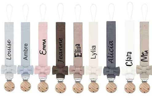 attache tétine personnalisé prénom fille garçon- en velours avec noeud -attache en bois- 9 couleurs de tissu au choix- cadeau naissance personnalisé