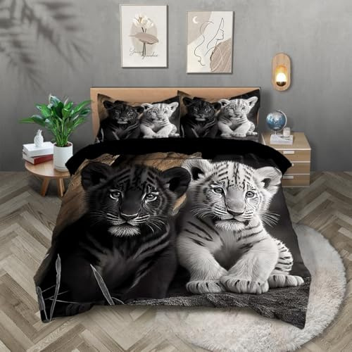 TKCQX Bettbezug Schwarz Weiß Tiger Bettbezug 135x200 Kinder Junge Mädchen Bettwäsche Set Dschungel Tiere Tigerjunge Kinderbettwäsche Sets aus Mikrofaser mit Kissenbezug 80x80 cm