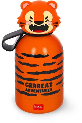 Legami - Hot&Cold BFF Kinder-Wasserflasche, Tiger-Motiv, doppellagig aus 18/8 Edelstahl mit luftdichtem Verschluss, hält 12 h heiß und 24 h kalt, Fassungsvermögen 310 ml