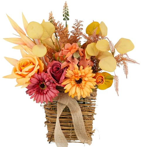 YELIKIT Artificial Flower with Hanging Basket for Wall Decor, Autumn Decoration Faux Orange Flowers Bouquet in Small Wicker Baskets for Front Door, Kitchenware Farmhouse Porch Garden Home Decor