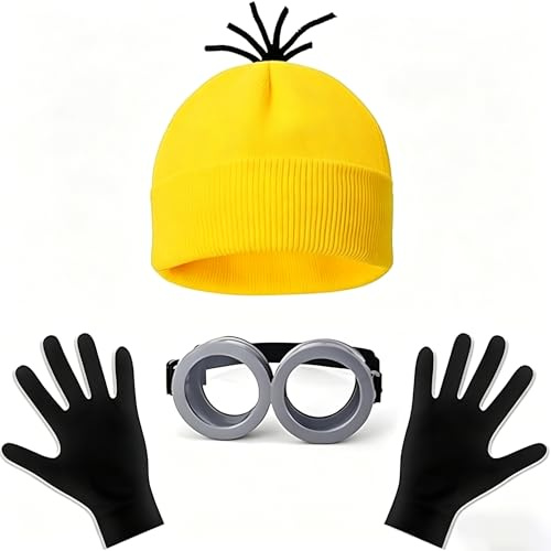 Shengruili 3 Stück Minion Kostüm Zubehör,Gelbes Kostüm Set für Cosplay,Kostüm Cosplay for Erwachsener and Kinder,Faschingskostüm,Steampunk Brille,Schwarze Handschuhe und Gelbe Beanie Hüte