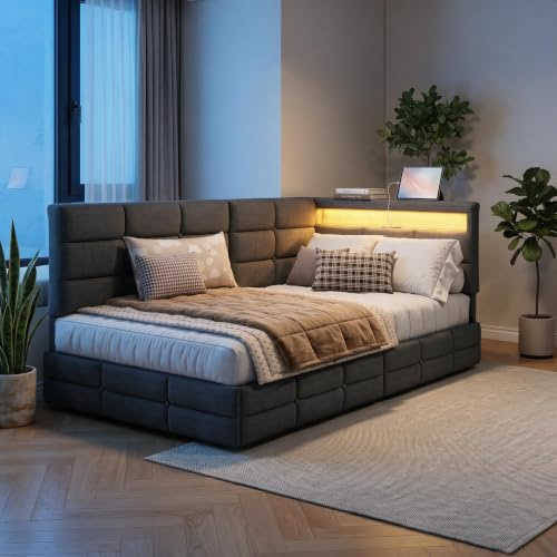HNOUER Polsterbett 90x200 cm mit LED & USB-Ladegerät,Kinderbett 90x200 cm mit Stauraum,2 Schubladen Bettgestell Einzelbett Tagesbett mit LED-Kopfteil Jugendbett mit Lattenrost Ohne Matratze