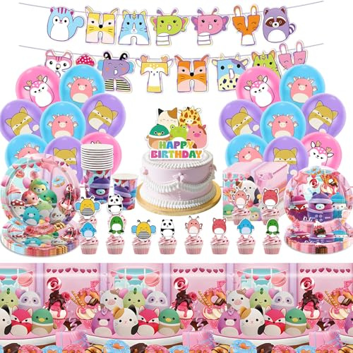 Squishmal-ow Geburtstag Deko, 95 Stück Geburtstags Luftballons Set, Kindergeburtstag Deko Mit Tischdecke Pappteller Becher Servietten Cake Toppers etc, Geeignet für Kinder Themenparty
