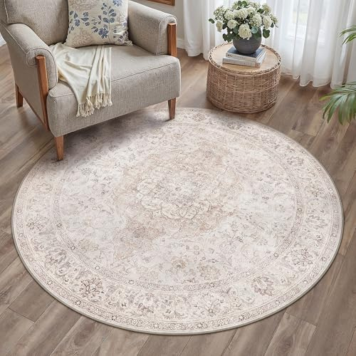 PureCozy Beige Teppich Rund 120cm Runder Vintage Waschbarer Tepich | Weich Kurzflor Groß Carpet, Rutschfest, Leicht, Schlafzimmer, Esszimmer, Büro, Kinderzimmer