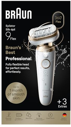 Braun Silk·épil 9 Flex Epilierer mit 360° flexiblem Kopf für einfache Haarentfernung, nass und trocken, weiche und strapazierfähige Haut, mit Scherkopf und Kamm, 9-030 3D, Gold