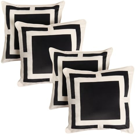 OHS 4 Pack Cushion Covers 45 x 45 Square Print, Matte Velvet Soft Decorative Square Throw Pillow Cover with Invisible Zipper Home Decoration Cushion Covers for Living Room Bedroom, Black/Cream