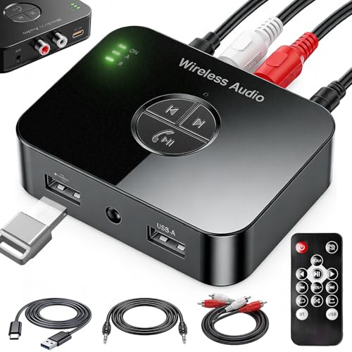 Bluetooth Adapter Stereoanlage: Blue Tooth 6.0 Audio-Adapter, Bluetooth-Sender Empfänger mit Aux 3.5 mm RCA Kabel, Blue Tooth Auxadapter mit Fernbedienung, Audio Transmitter Receiver mit 3D Surround