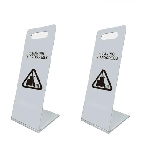 Cleaning in Progress Sign - Sturdy L-Shaped Metal Warning Sign for Commercial & Public Spaces 2-Pack white