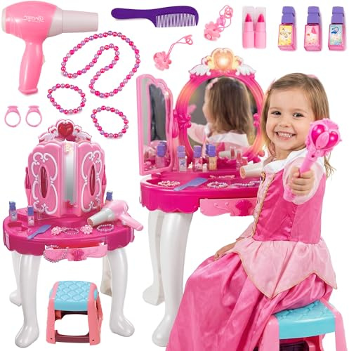 Kinderplay Rosa Schminktisch Kinder mit Zauberstab & Zubehör | Kinder Frisiertisch für Mädchen mit Spiegel, Schublade, Hocker & Schminkspielzeug, KP8846
