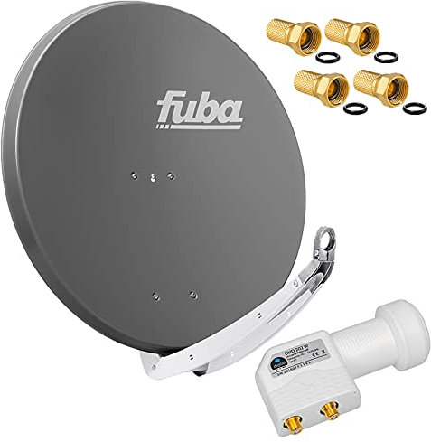 FUBA 2 Teilnehmer Digital SAT Anlage DAA850A anthrazit + Hochwertiger Twin LNB (2 Teilnehmer, direkt) von HB-DIGITAL weiß + 4 Vergoldete F-Stecker