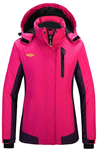 Wantdo Giacca da Sci Caldo Imbottita Invernale Parka da Neve Cappotto da Snowboard con Cappuccio Giubbotto da Viaggio a Vento Outdoor Donna Rosso Rosa e Viola Scuro XL