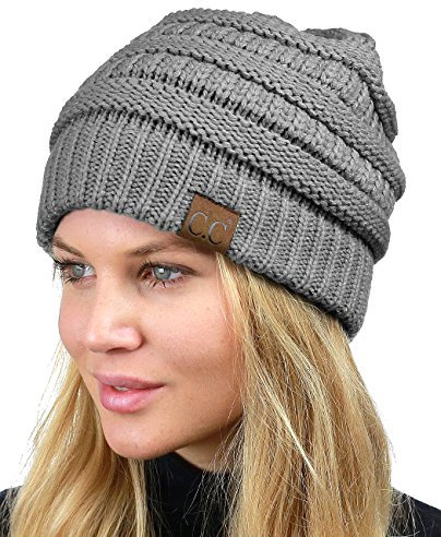 C.C Unisex Chunky Soft Stretch Cable Knit Warm Fuzzy Lined Skully Beanie, Light Melange Gray