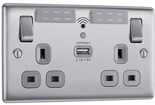BG Electrical nbs22uwrg Fast Charging 2.1 A USB Charger and Wi-Fi Range Extender Electrical Socket, Brushed Steel