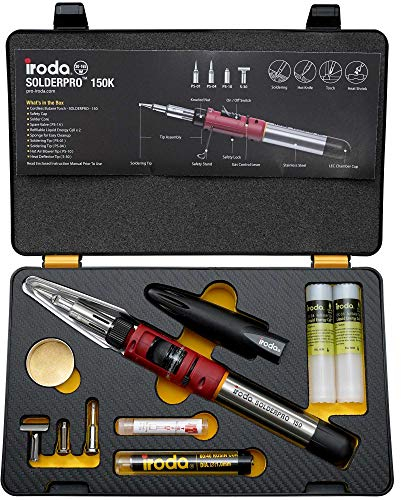 IRODA Professional Cordless Butane Soldering Iron Multi-Purpose Kit | SOLDERPRO 150K 4-in-1 30-125W Heat Tool, Rapid Heat Up, 100 Mins Run Time. Made in Taiwan, Butane Not Included