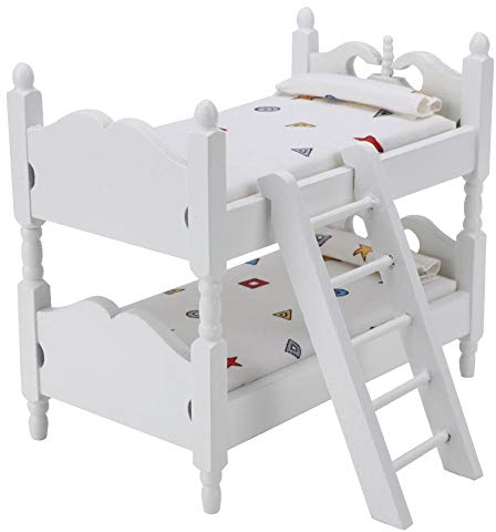 Puppenhaus Etagenbett, 1:12 Mini Puppenhaus Bett Miniatur simuliert Holz Etagenbett Möbel Modell Spielzeug Zubehör(Weiß)