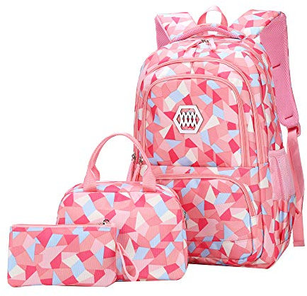 SellerFun Girl Geometric Printed Primary Junior High University School Bag Bookbag 3pcs Backpack Sets(2# Pink-3pcs,19L)