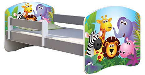 ACMA Kinderbett Jugendbett mit Matratze Grau mit Rausfallschutz Lattenrost II Spielbett Kinderzimmer Möbel (01 Zoo, 140x70)