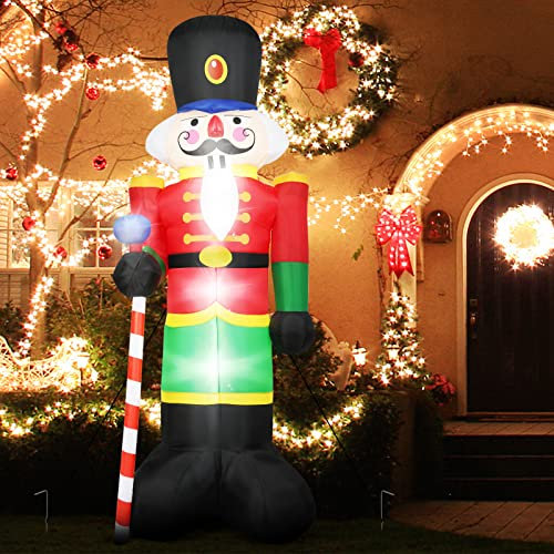 GOPLUS 240 CM Soldat Casse-Noisette Gonflable Durable et Imperméable avec Lumières,Décoration de Noël Gonflable pour l’Intérieur et l’Extérieur pour Cour(Casse-Noisette)