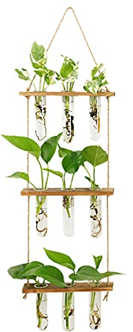 WERTSWF Hydroponic Plants Terrarium Cuttings Buds Propagation Stations 3 Tier Wall Hanging Glass Planters with Wooden Holder - 9 Test Tube