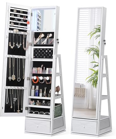 Nicetree 360° Swivel Jewelry Cabinet with Lights, Touch Screen Vanity Mirror, Rotatable Full Length Mirror with Jewelry Storage, Standing Jewelry Armoire Organizer, Foldable Makeup Shelf, White