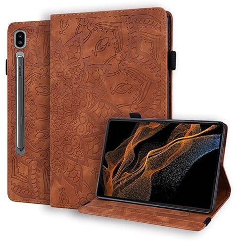Vkooer Funda para Samsung Galaxy Tab S8 Ultra 14,6 Pulgada 2022 Carcasa Cuero PU Flip Case Cover con Ranura para Tarjetas y Función de Soporte para Galaxy Tab S8 Ultra Tableta, Marrón
