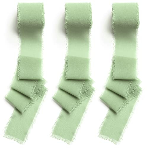 CHUQING 3 Rollen Geschenkband Hochzeit,Chiffonband-Fransen, Schleifenband Grün,Festival Bänder,Dekoband Fransenband für Blumenstrauß,Geschenke Verpackung,DIY Handwerk,Salbeigrün