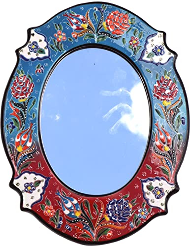 GURU SHOP Exotischer Keramikspiegel mit Traditionellen Türkischen Mustern - Blau/rot, Glas, 35x27x2 cm, Spiegel