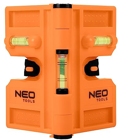 NEO TOOLS Pfostenwasserwaage, mobil, 3 Libellen, 4 Magnete, verstellbar von 15-180°, aus robustem Kunststoff, Arbeitslänge von 209 mm, beweglicher Ausführung, zum Bestimmen von Höhen